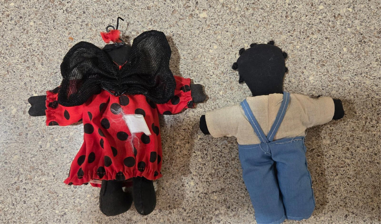 Ladybug Friend and Vintage African American Folk Art Hand Sewn Baby Rag Doll