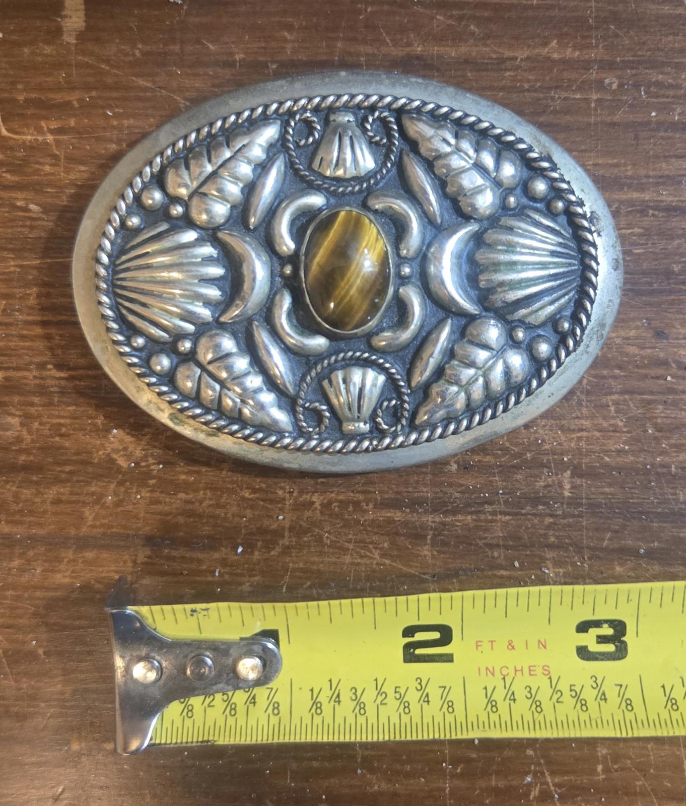 Vtg Handmade German Silver w/ Tiger Eye Gem Stone Belt Buckle JG Hecho En Mexico