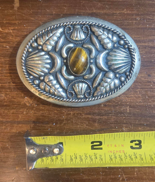 Vtg Handmade German Silver w/ Tiger Eye Gem Stone Belt Buckle JG Hecho En Mexico