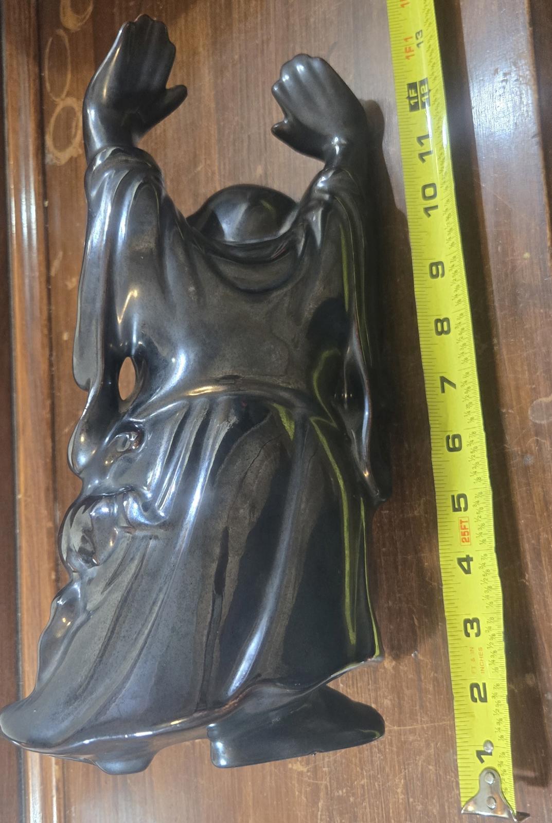 Vintage Black Ceramic Hand Made Laughing Buddha Statue Figurine