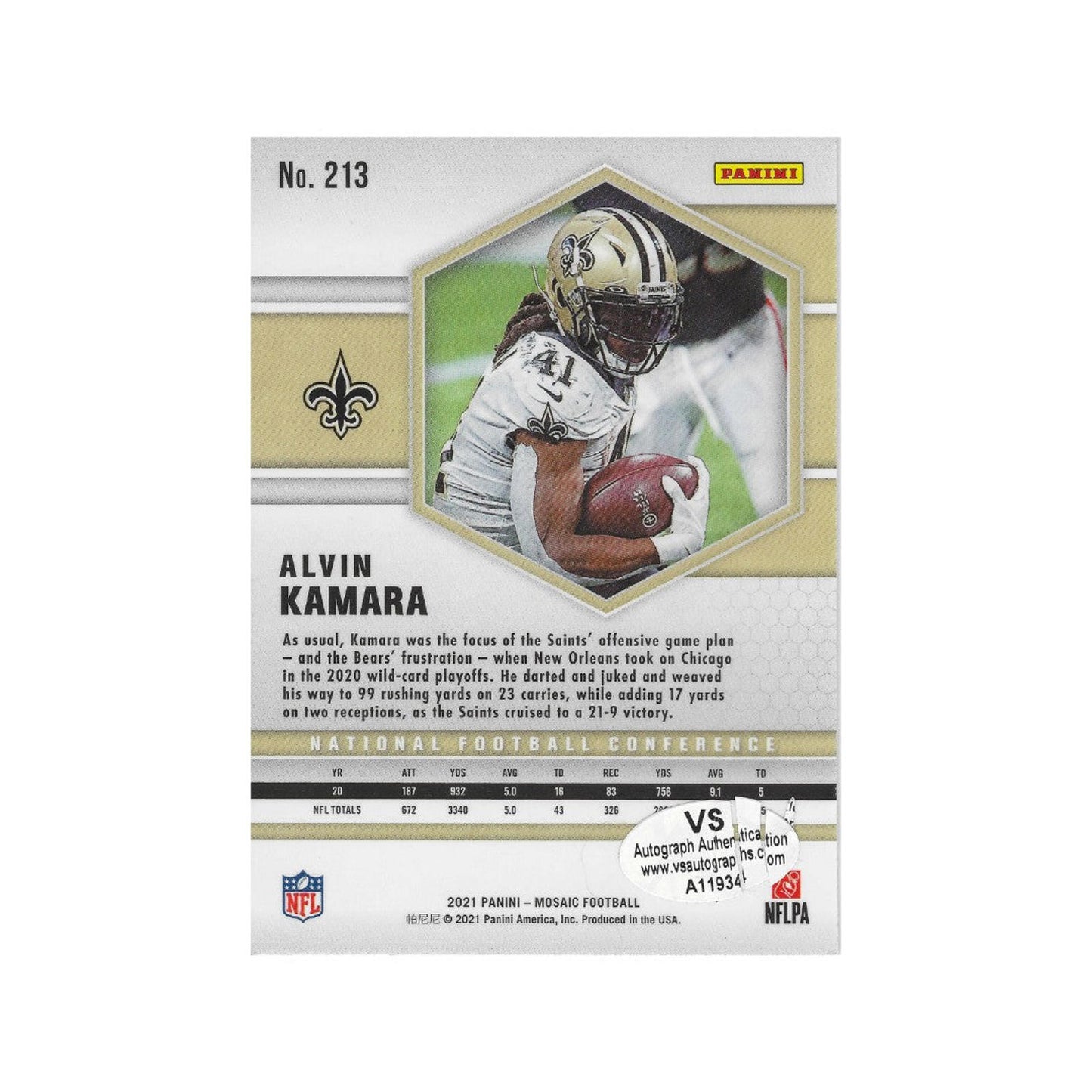 ALVIN KAMARA AUTOGRAPHED SIGNED CARD SAINTS WITH COA