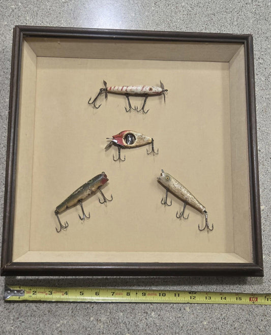 Antique Framed Set Of 4 Wooden Fishing Lure Spinno Minno Chub Darter Gudebrod.