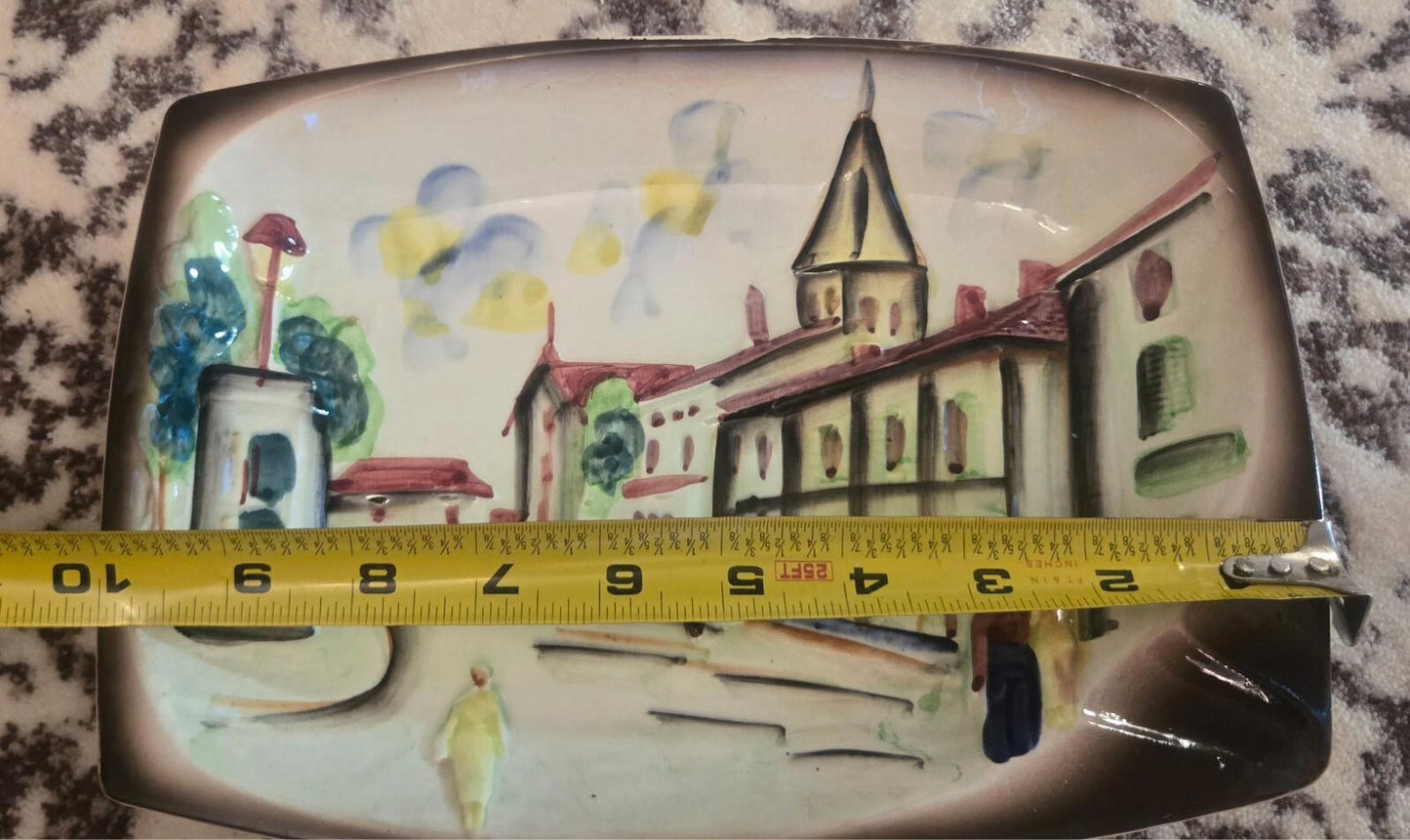 Vintage Wales Japan Hand Painted High Relief City Landscape Platter Ceramic Sticker Stamp Label