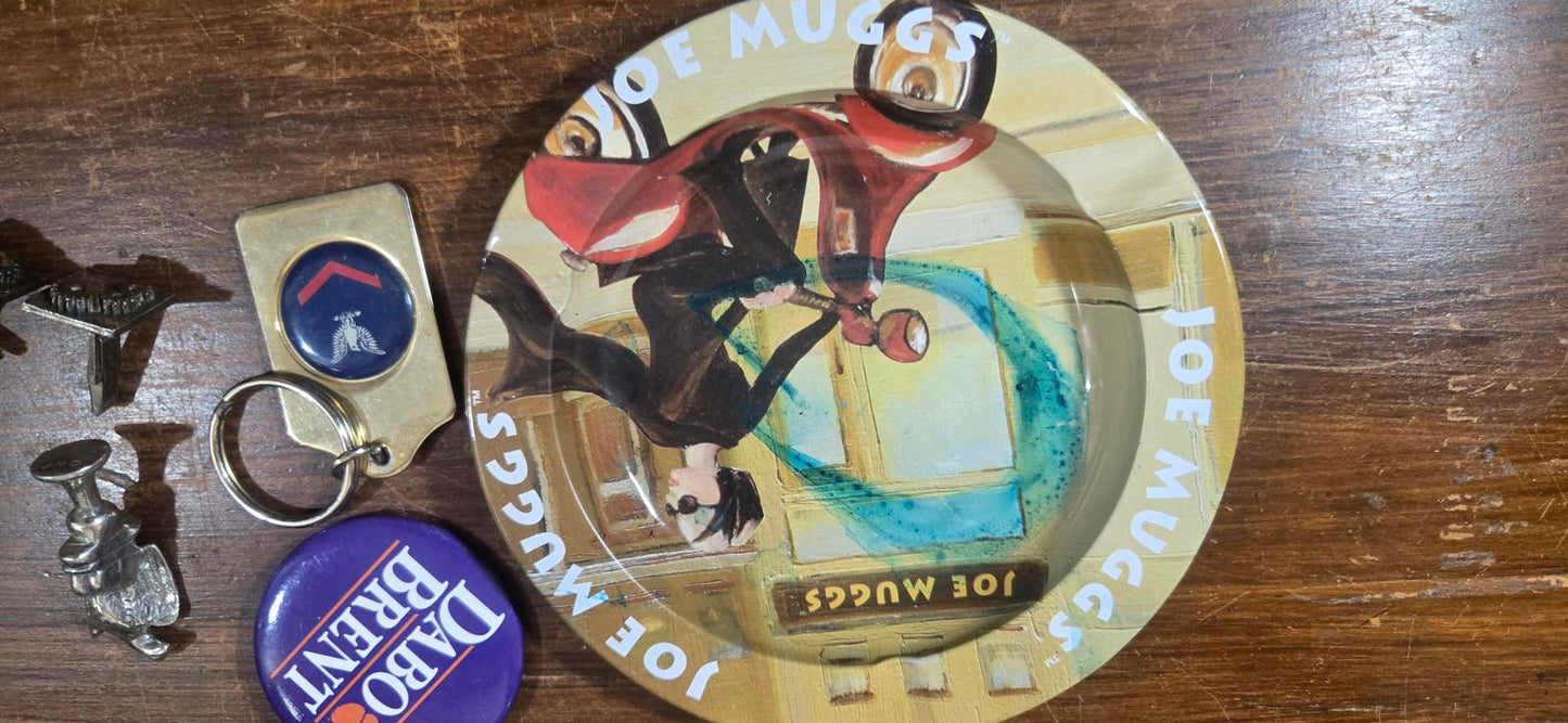 Vintage Mixed Collectible Pins, Keychains, Cuff Links, Ash Tray, Political.  Lot