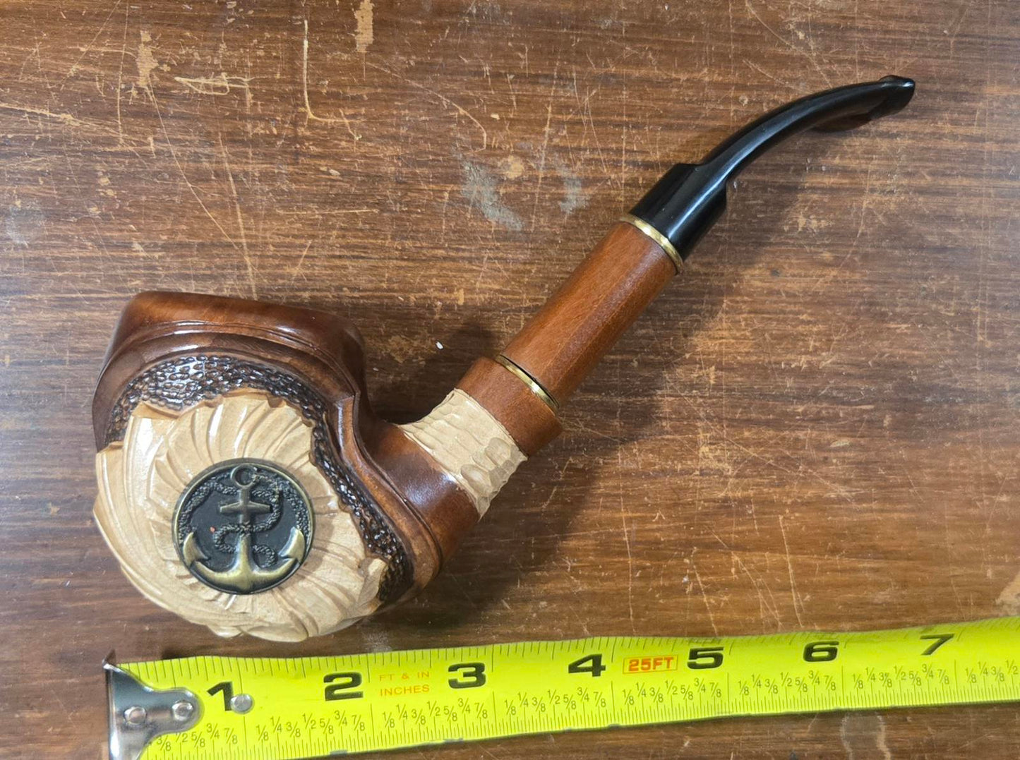 Hand-Carved Wooden Tobacco Pipe with Anchor Medallion