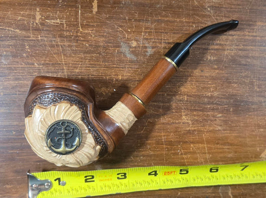 Hand-Carved Wooden Tobacco Pipe with Anchor Medallion