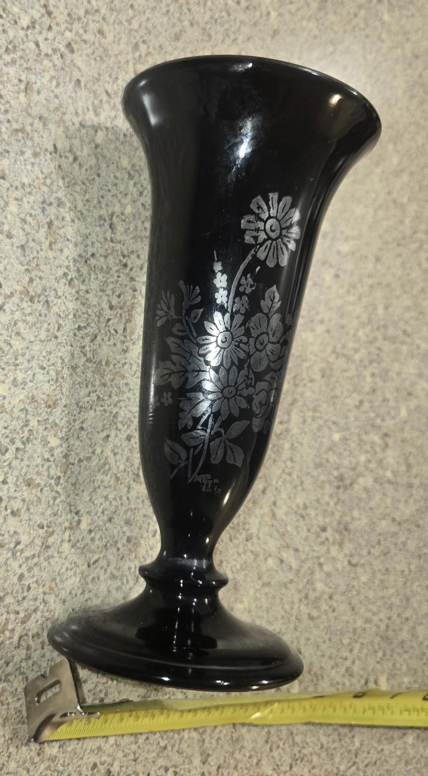 1940 Black Amethyst Glass Bud Vase With Sterling Silver Overlay Floral Pattern