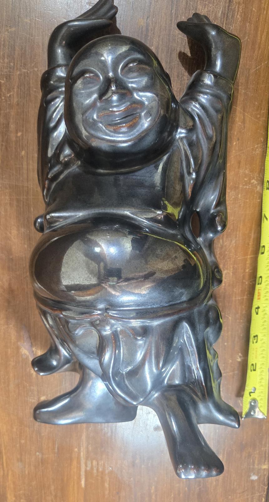 Vintage Black Ceramic Hand Made Laughing Buddha Statue Figurine