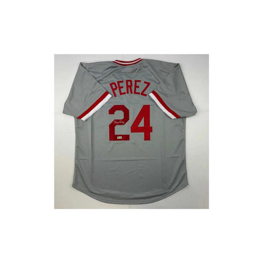 Autographed Tony Perez Cincinnati Grey Baseball Jersey Beckett COA
