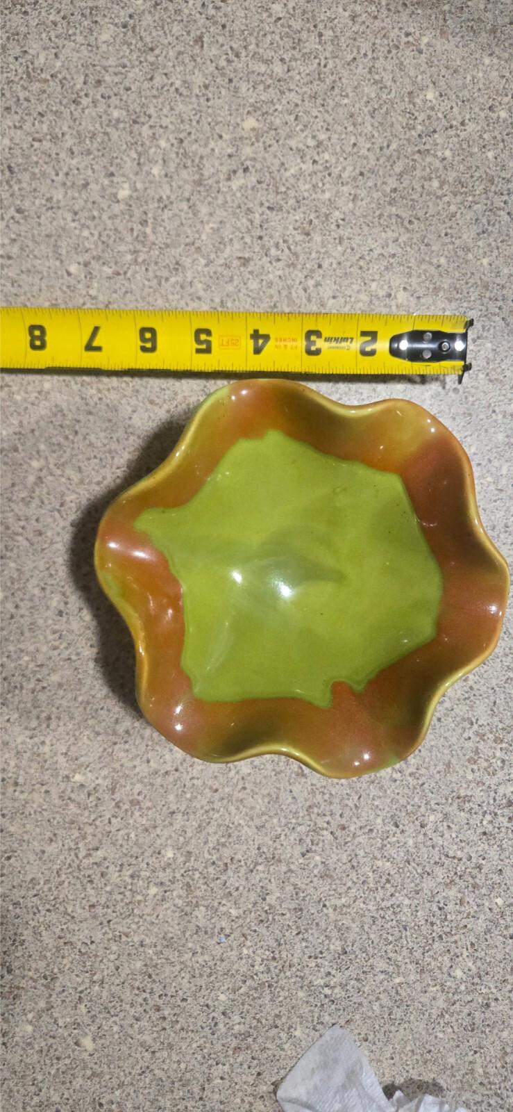 Vtg Mcm Green and Rust Orange Ceramic Ruffled Edge Pedastool Bowl