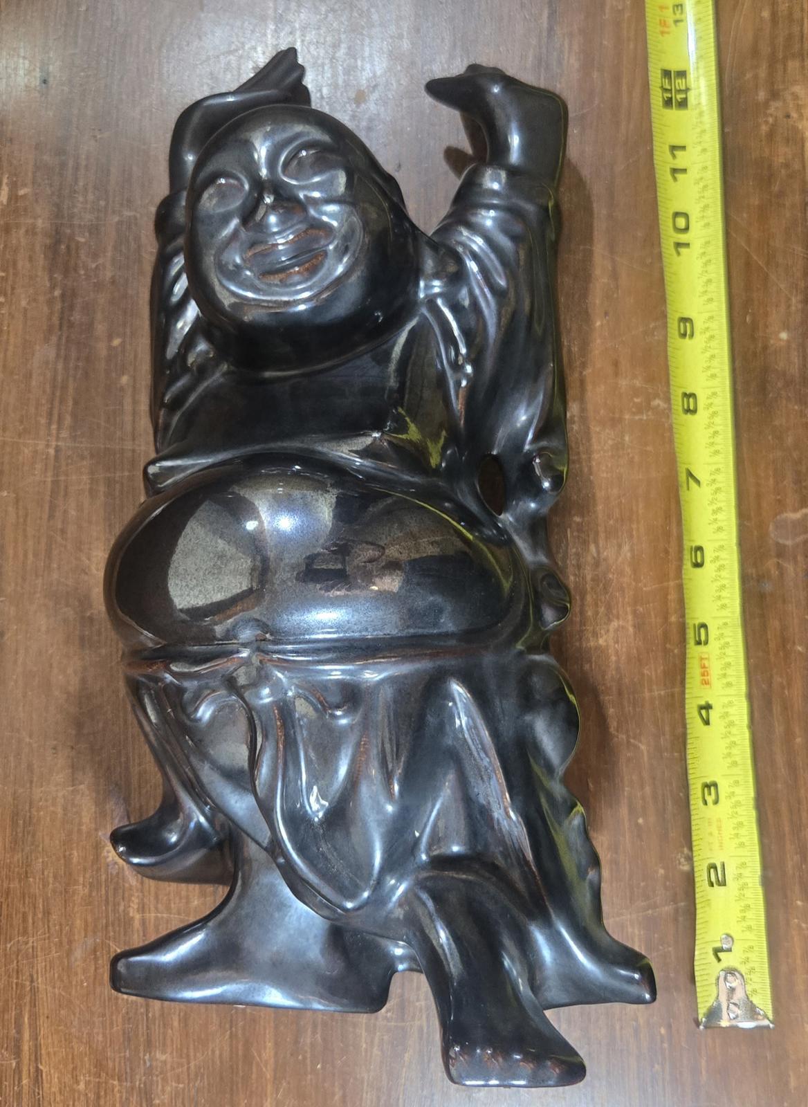 Vintage Black Ceramic Hand Made Laughing Buddha Statue Figurine
