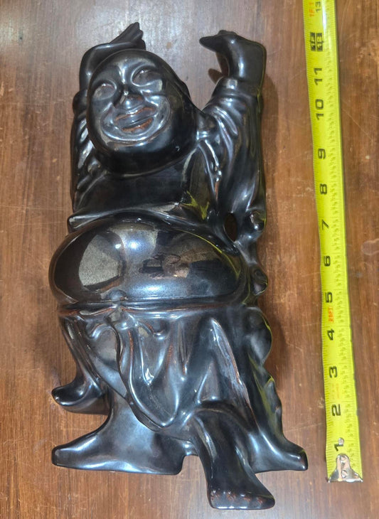Vintage Black Ceramic Hand Made Laughing Buddha Statue Figurine