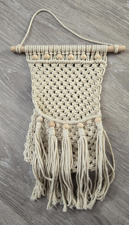 Lot Of 3 Woven Braided Cream Colored Planter And Beaded Wall Hanger Macrame Rope