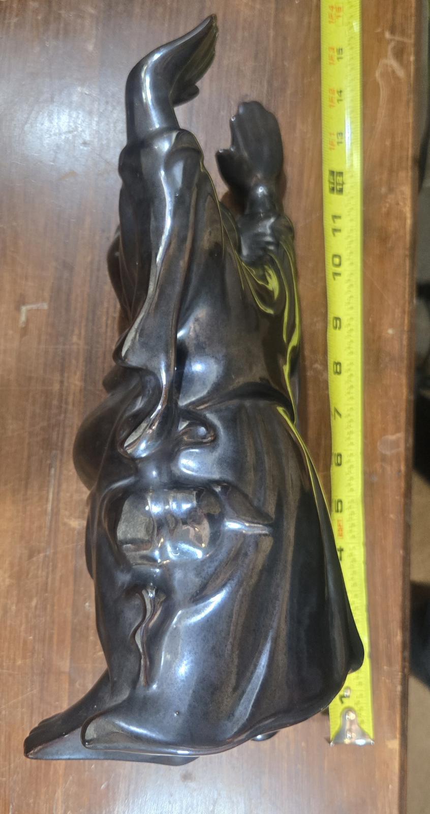 Vintage Black Ceramic Hand Made Laughing Buddha Statue Figurine