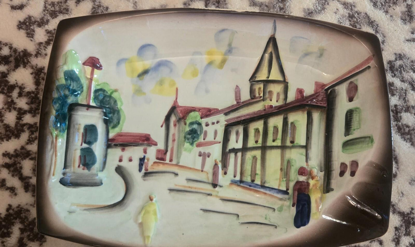 Vintage Wales Japan Hand Painted High Relief City Landscape Platter Ceramic Sticker Stamp Label