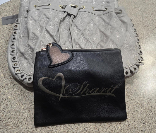 Grey Sharif Bag With Black Heart Wallet Leopard Print Fabric Inside