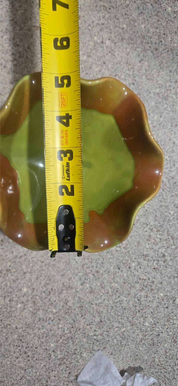 Vtg Mcm Green and Rust Orange Ceramic Ruffled Edge Pedastool Bowl