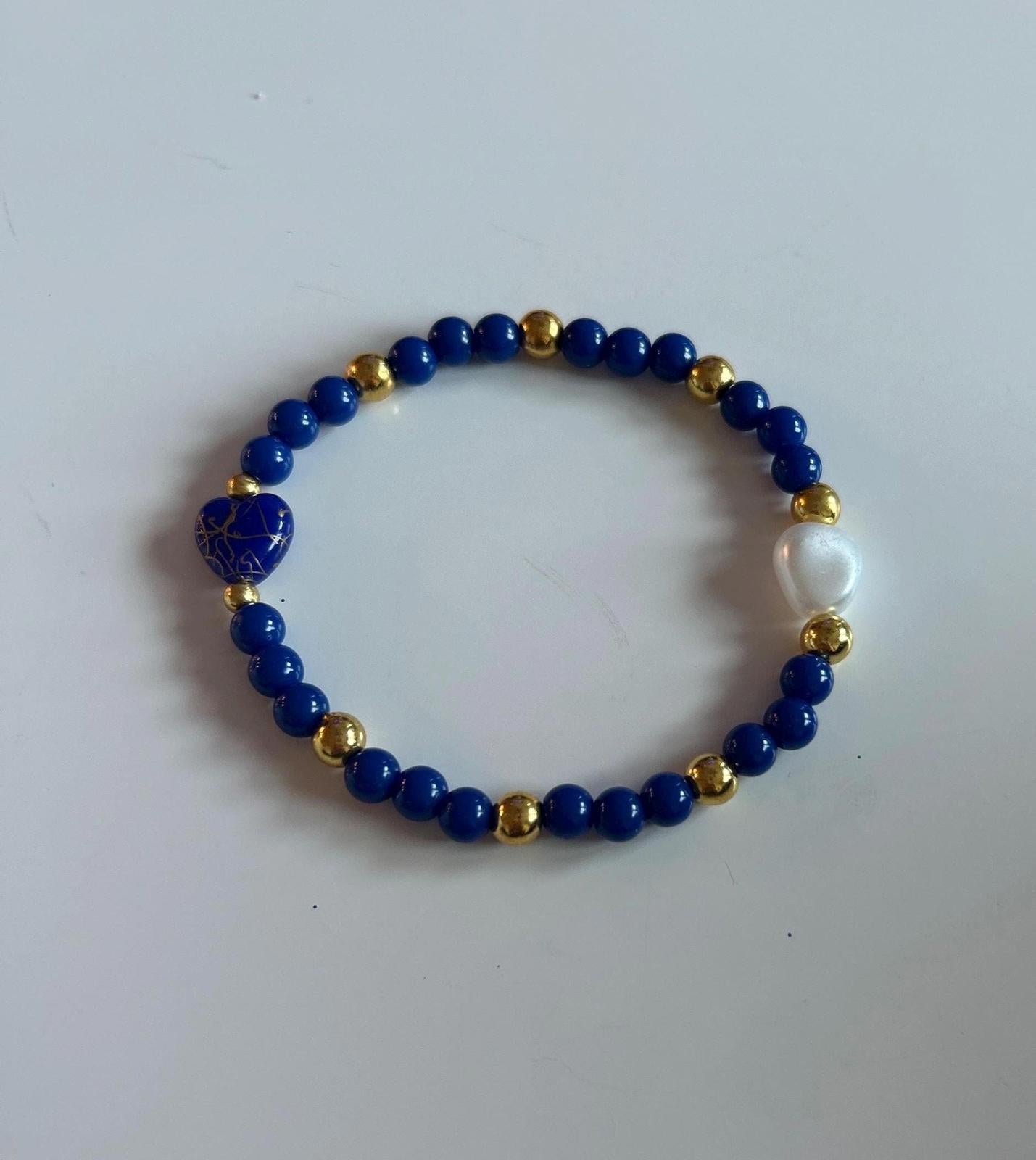 Elegant Blue Beaded Bracelet with Gold Accents and Heart Charm