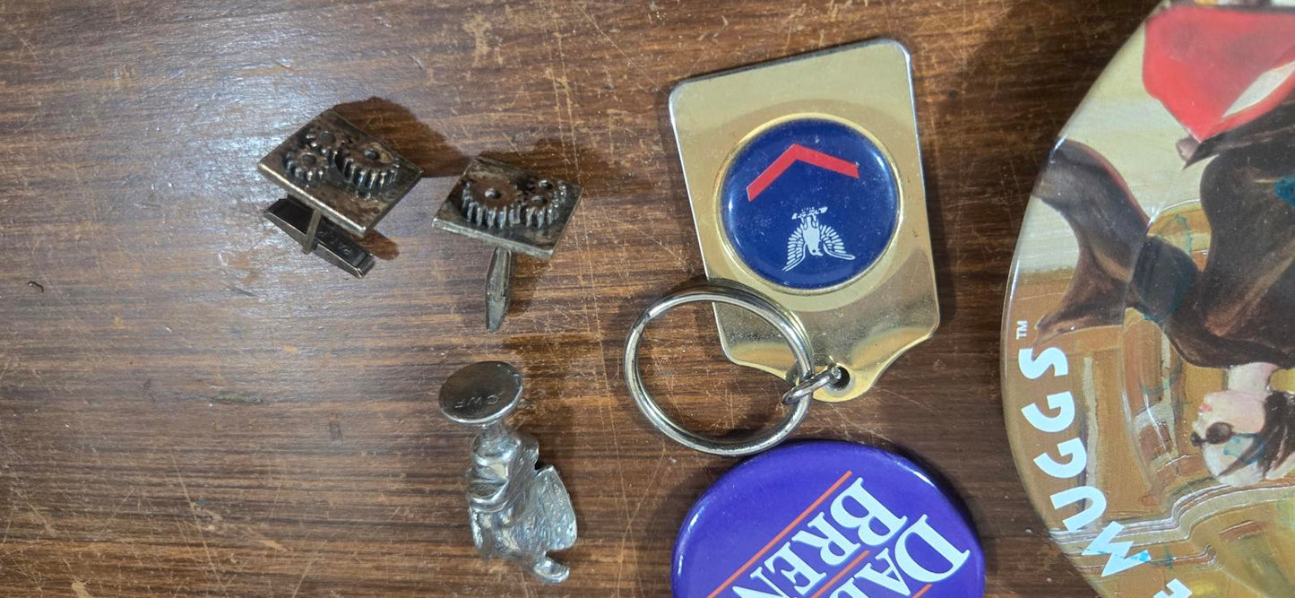 Vintage Mixed Collectible Pins, Keychains, Cuff Links, Ash Tray, Political.  Lot