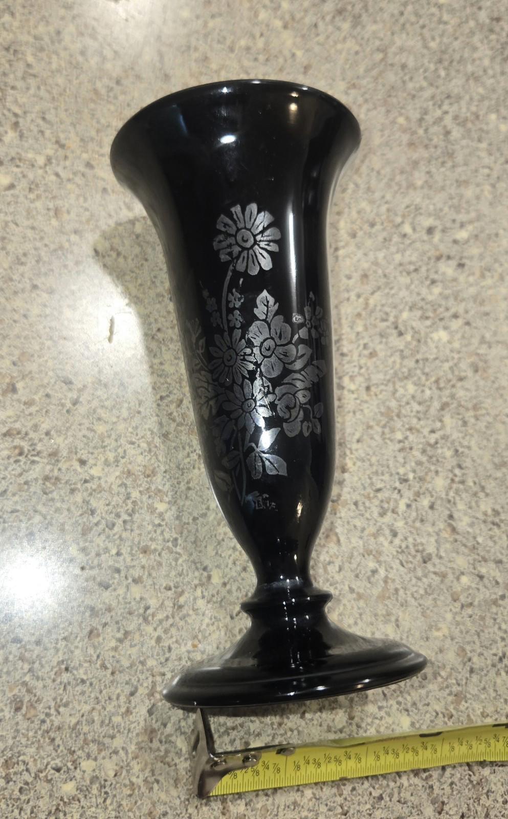 1940 Black Amethyst Glass Bud Vase With Sterling Silver Overlay Floral Pattern