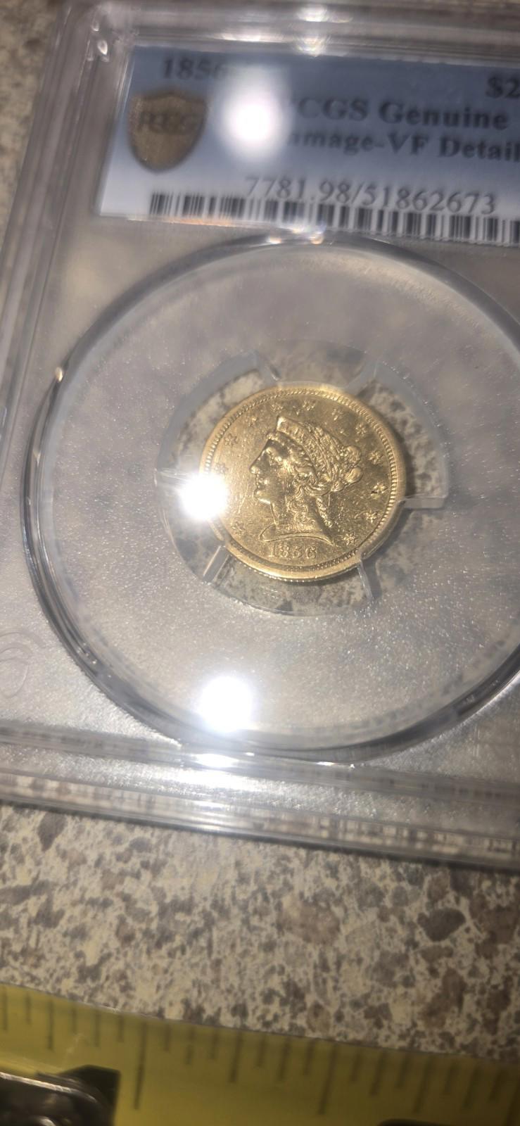 1856-s Liberty Head 2.50 PCGS Genuine Gold Coin Currency Bullion History Antique Authenticated Graded