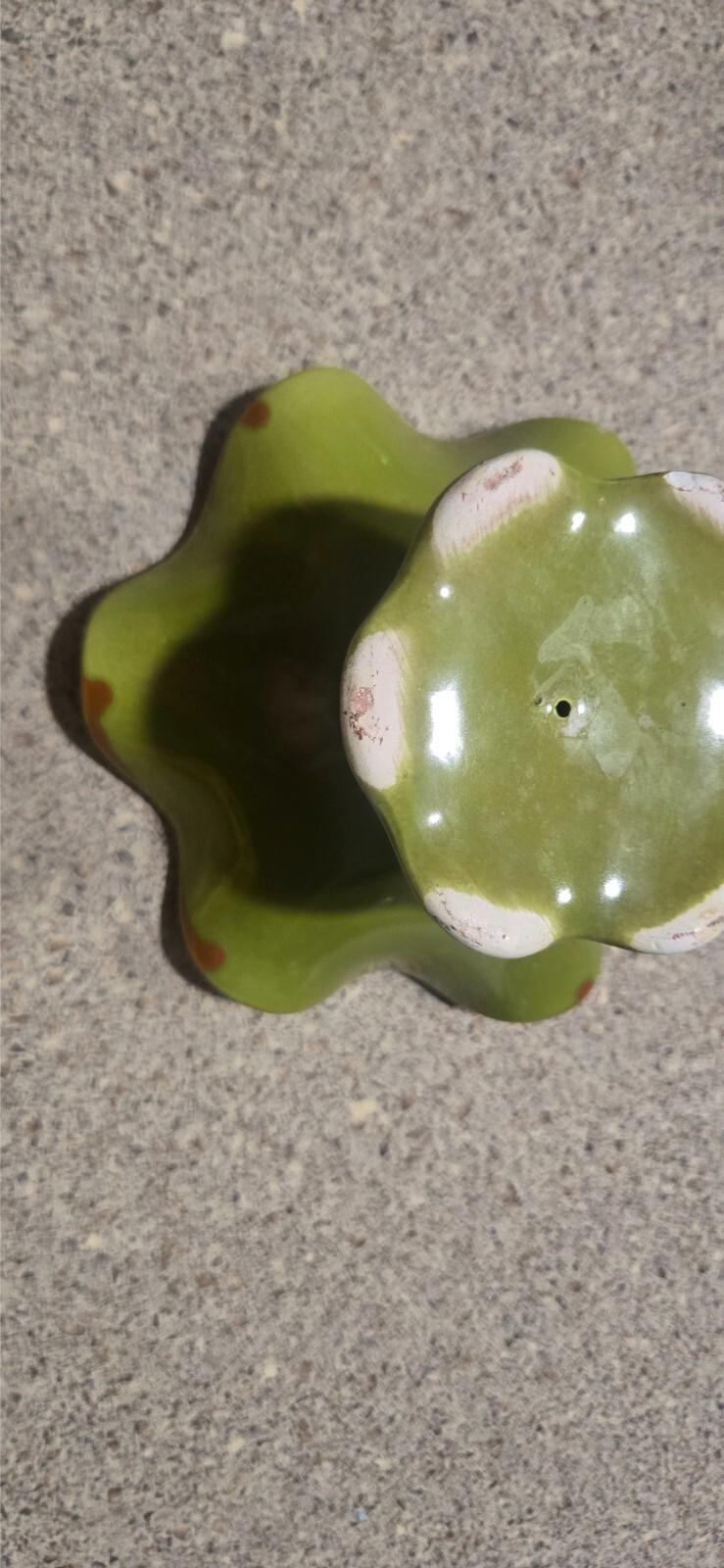 Vtg Mcm Green and Rust Orange Ceramic Ruffled Edge Pedastool Bowl