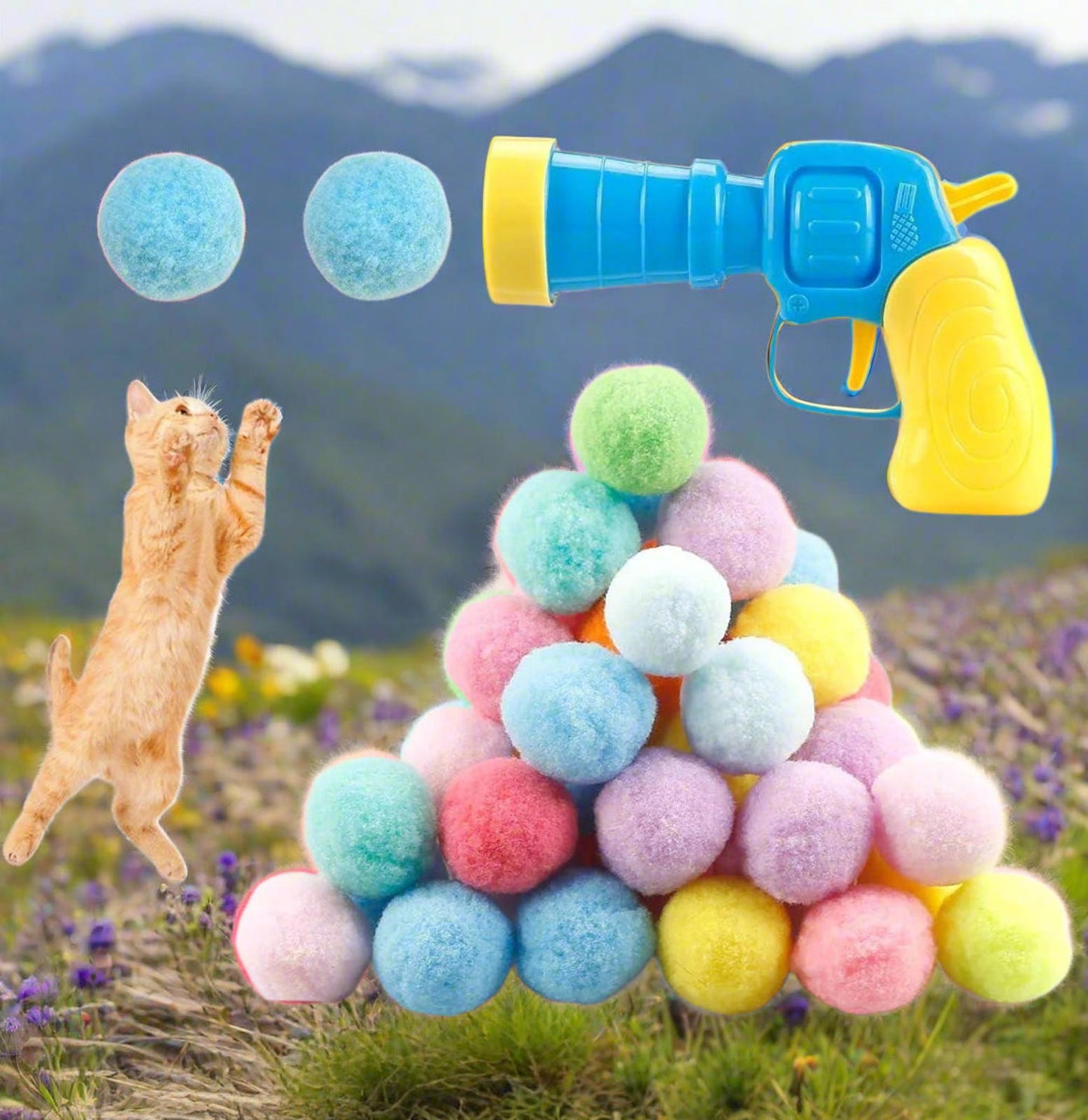 31Pcs Cat Ball Toy Launcher Gun, Cat Balls Fetch Toy, 30Pcs Plush Fuzzy Balls Launcher Cat Toy for Cats with 1 Gun, Funny Interactive Cat Toys for Bored Indoor Adult Cats, Cute Kitten Kitty Toys