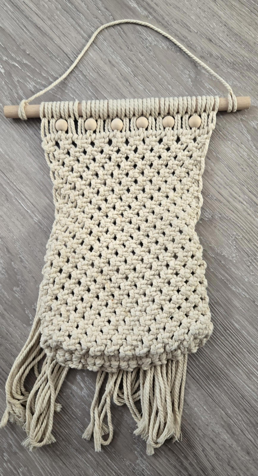 Lot Of 3 Woven Braided Cream Colored Planter And Beaded Wall Hanger Macrame Rope