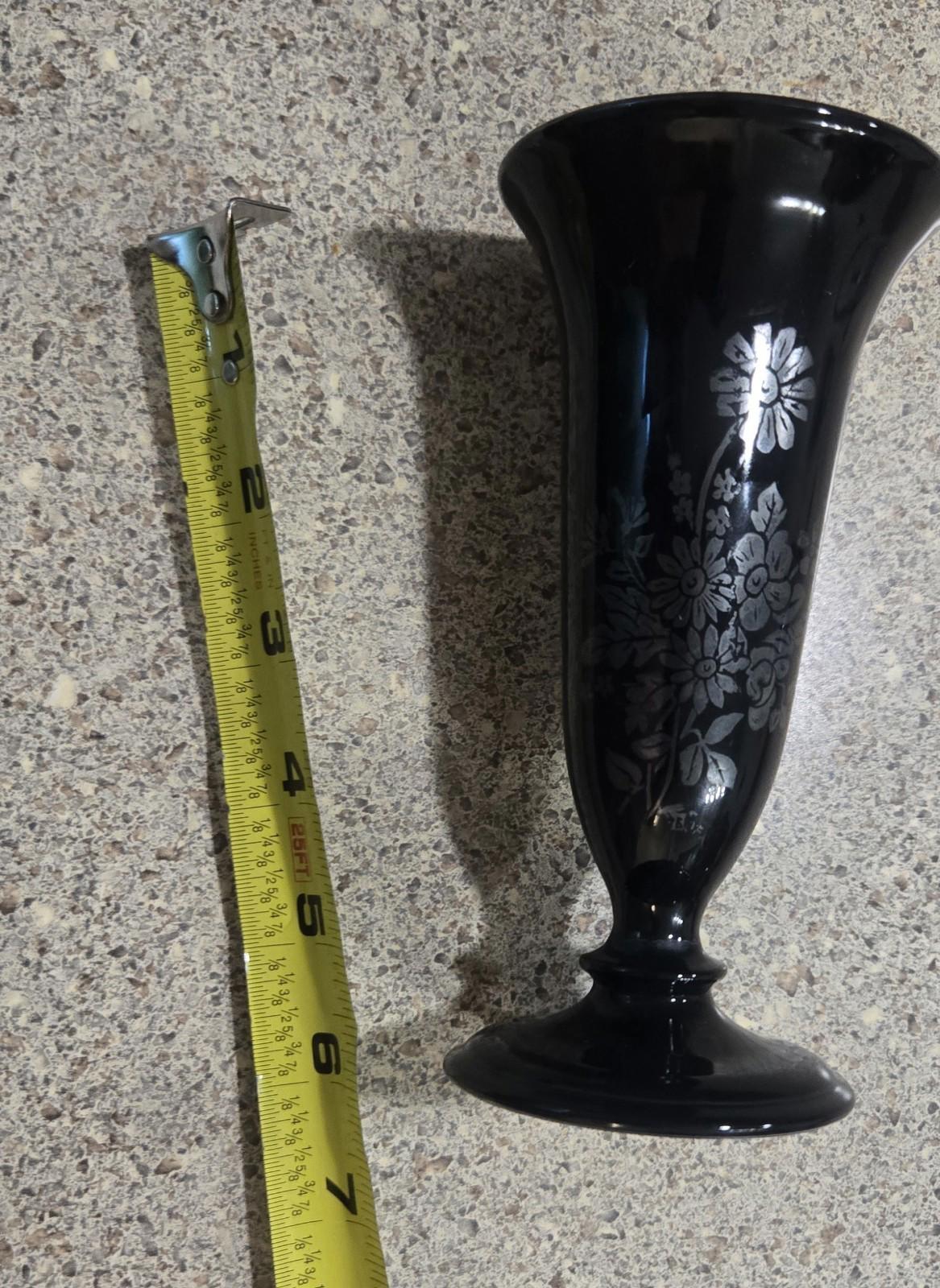 1940 Black Amethyst Glass Bud Vase With Sterling Silver Overlay Floral Pattern