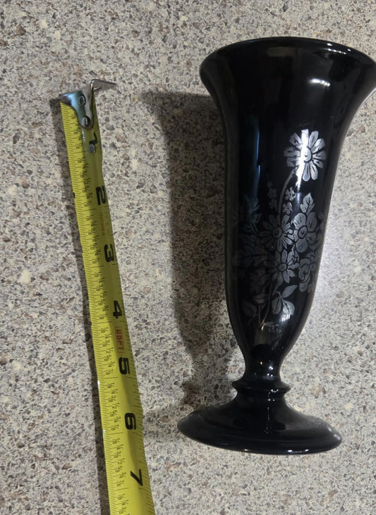 1940 Black Amethyst Glass Bud Vase With Sterling Silver Overlay Floral Pattern