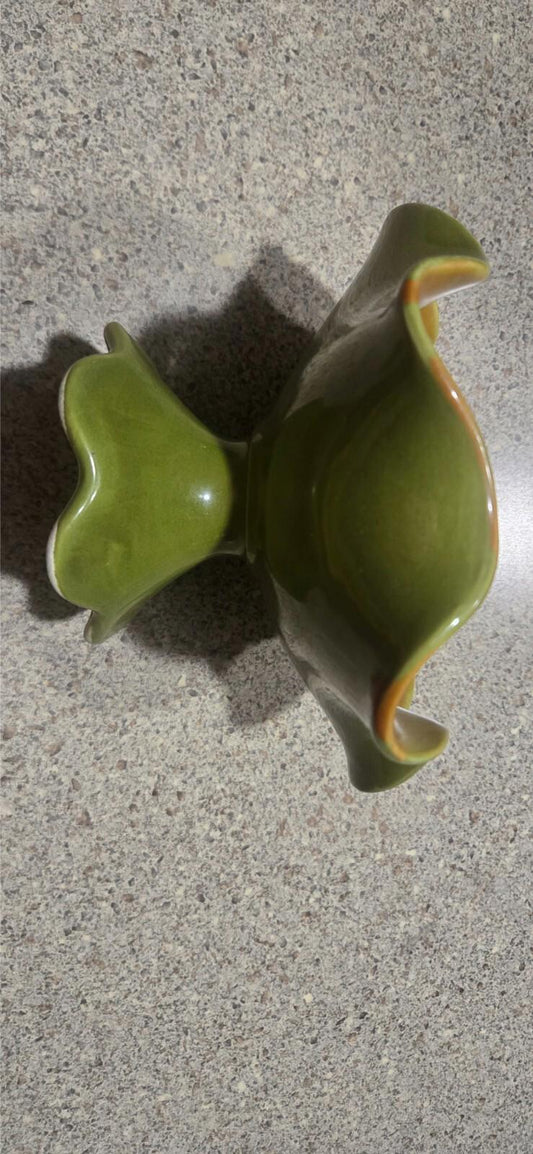 Vtg Mcm Green and Rust Orange Ceramic Ruffled Edge Pedastool Bowl