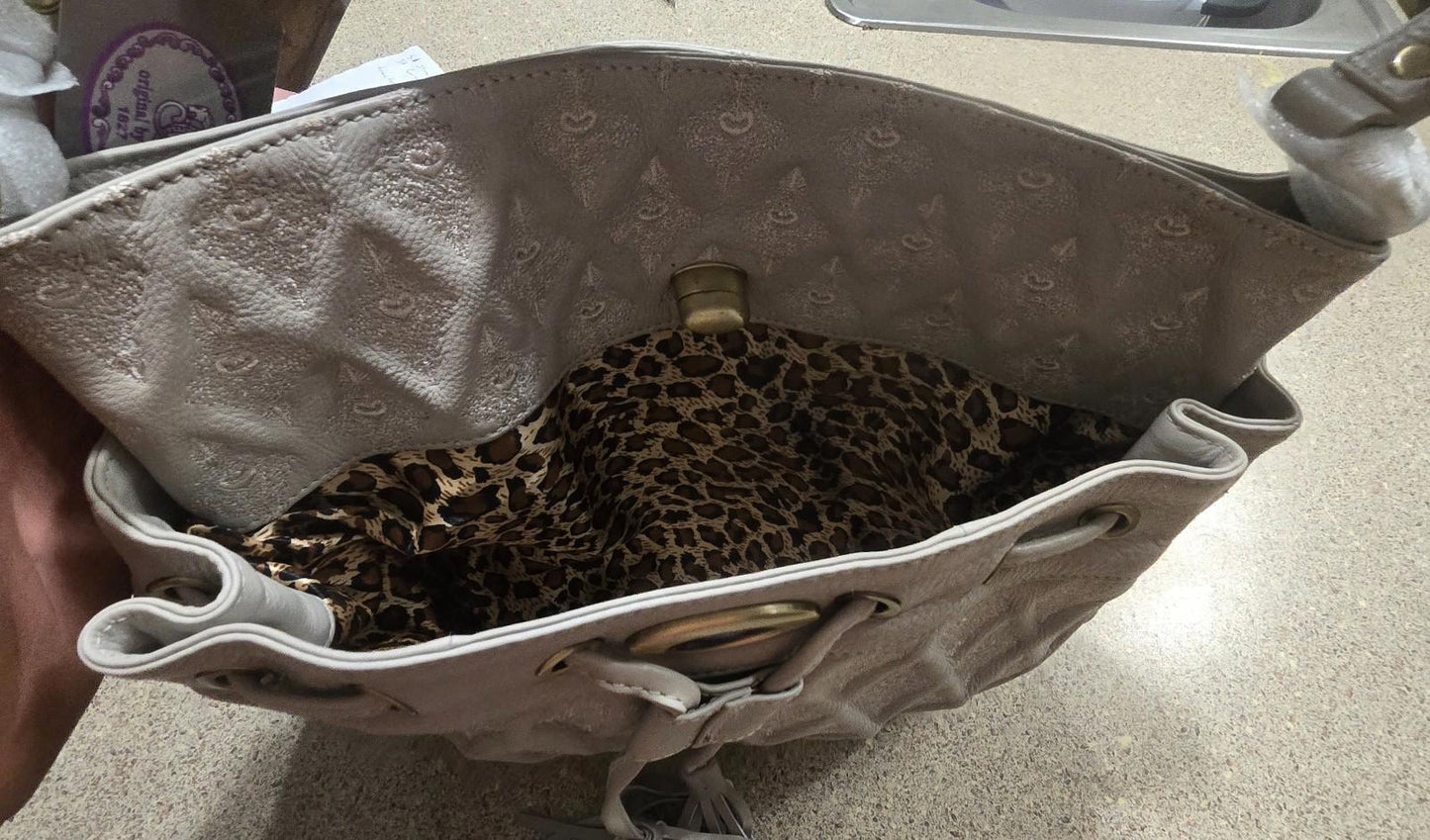 Grey Sharif Bag With Black Heart Wallet Leopard Print Fabric Inside