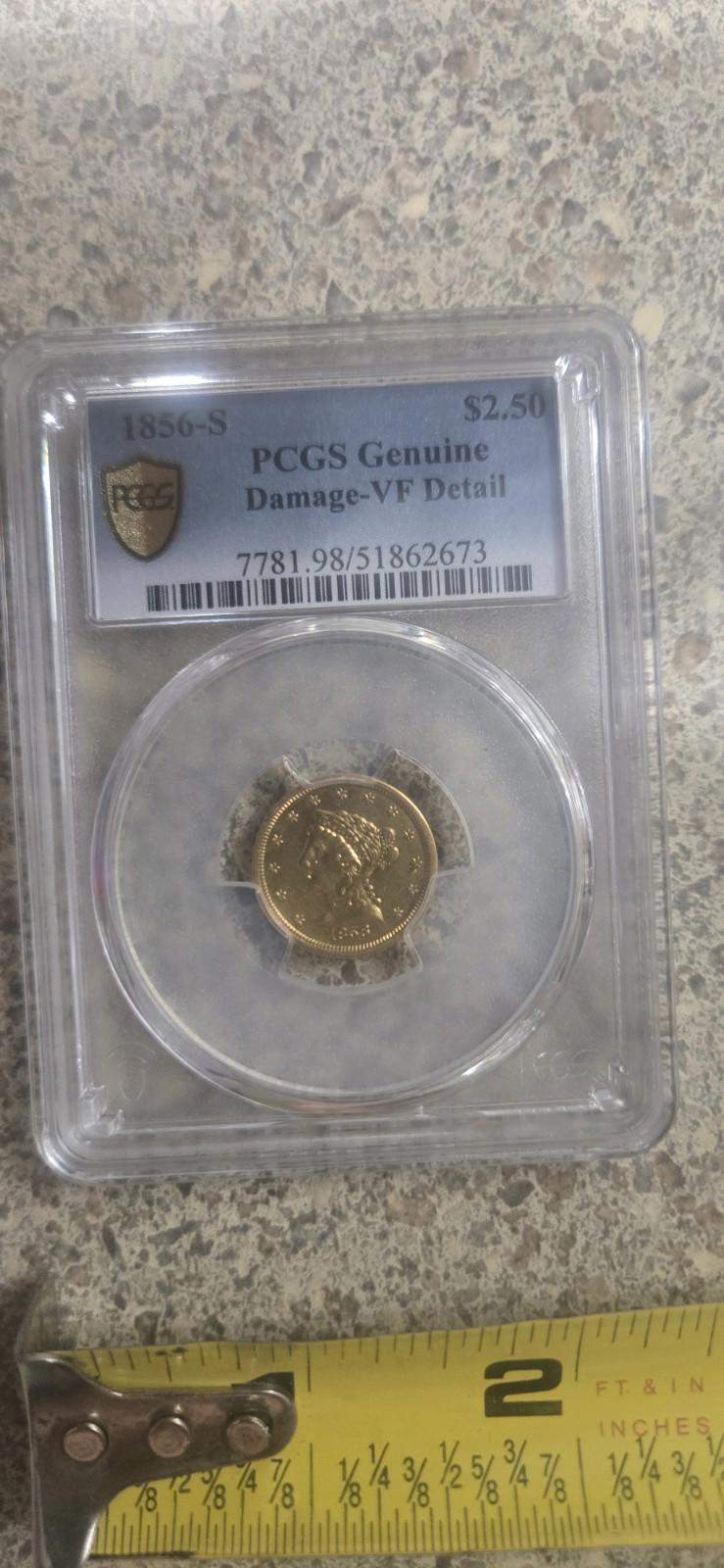 1856-s Liberty Head 2.50 PCGS Genuine Gold Coin Currency Bullion History Antique Authenticated Graded