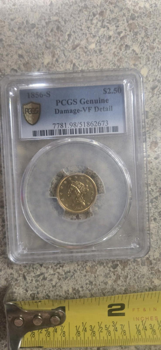 1856-s Liberty Head 2.50 PCGS Genuine Gold Coin Currency Bullion History Antique Authenticated Graded