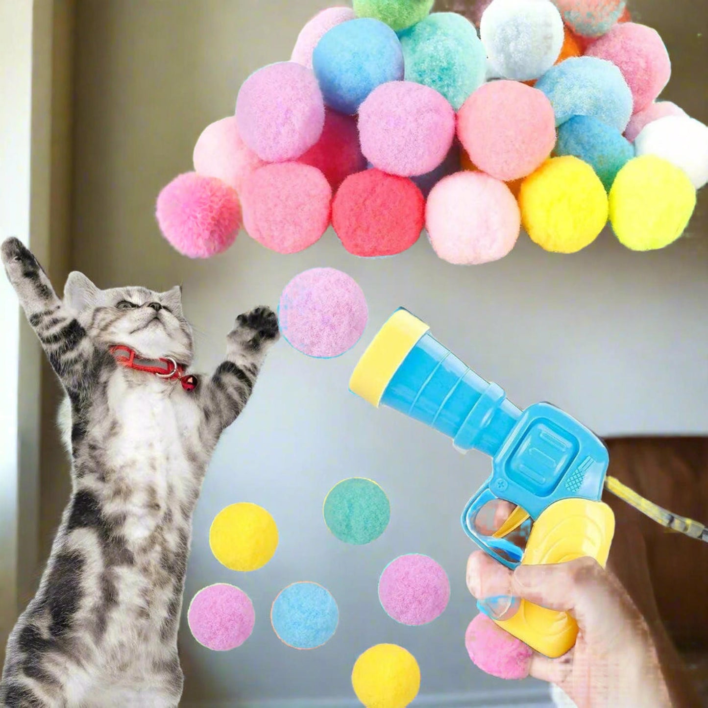31Pcs Cat Ball Toy Launcher Gun, Cat Balls Fetch Toy, 30Pcs Plush Fuzzy Balls Launcher Cat Toy for Cats with 1 Gun, Funny Interactive Cat Toys for Bored Indoor Adult Cats, Cute Kitten Kitty Toys