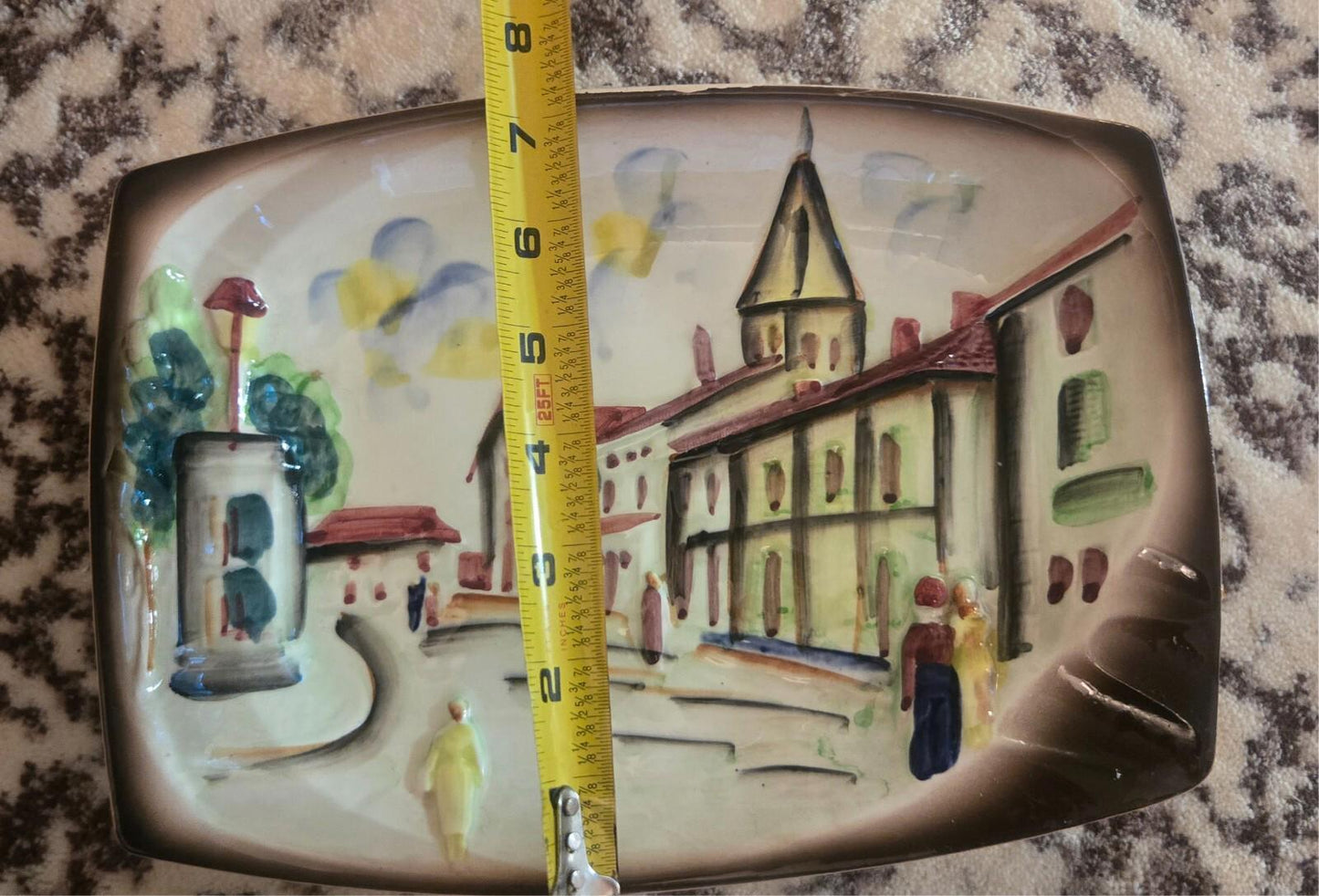 Vintage Wales Japan Hand Painted High Relief City Landscape Platter Ceramic Sticker Stamp Label