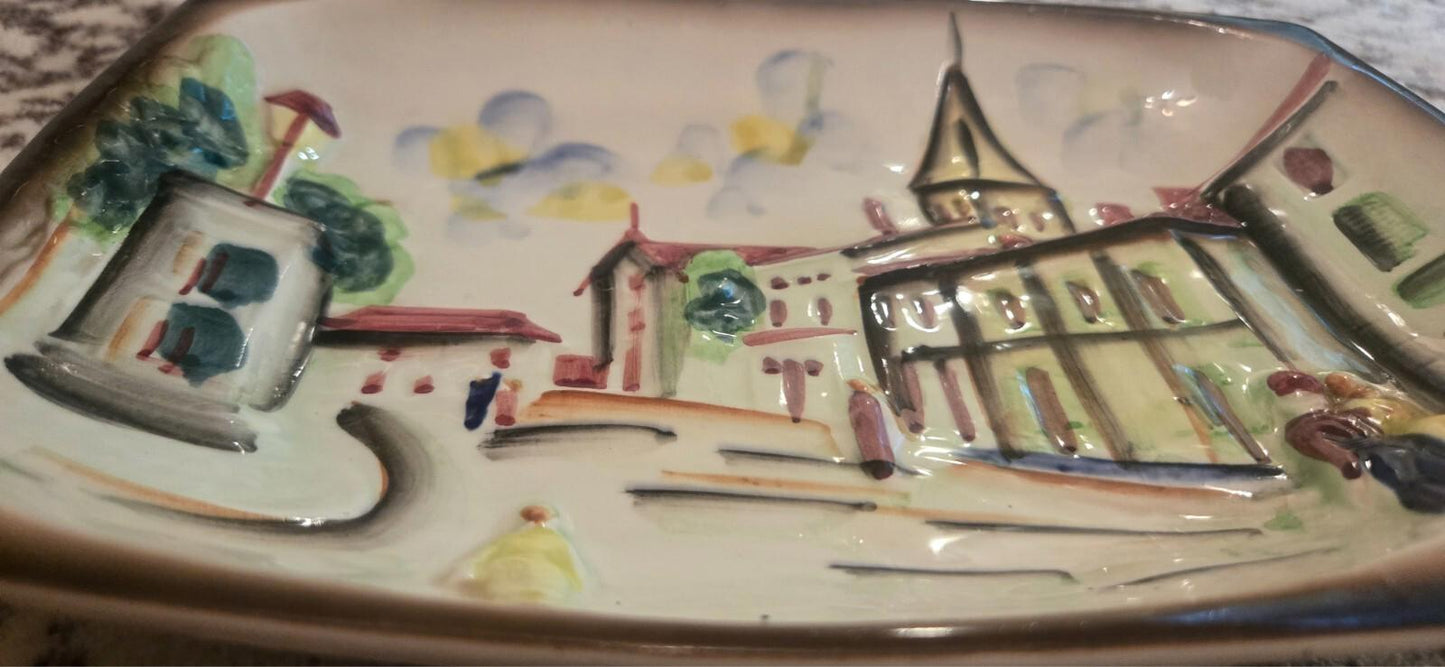 Vintage Wales Japan Hand Painted High Relief City Landscape Platter Ceramic Sticker Stamp Label