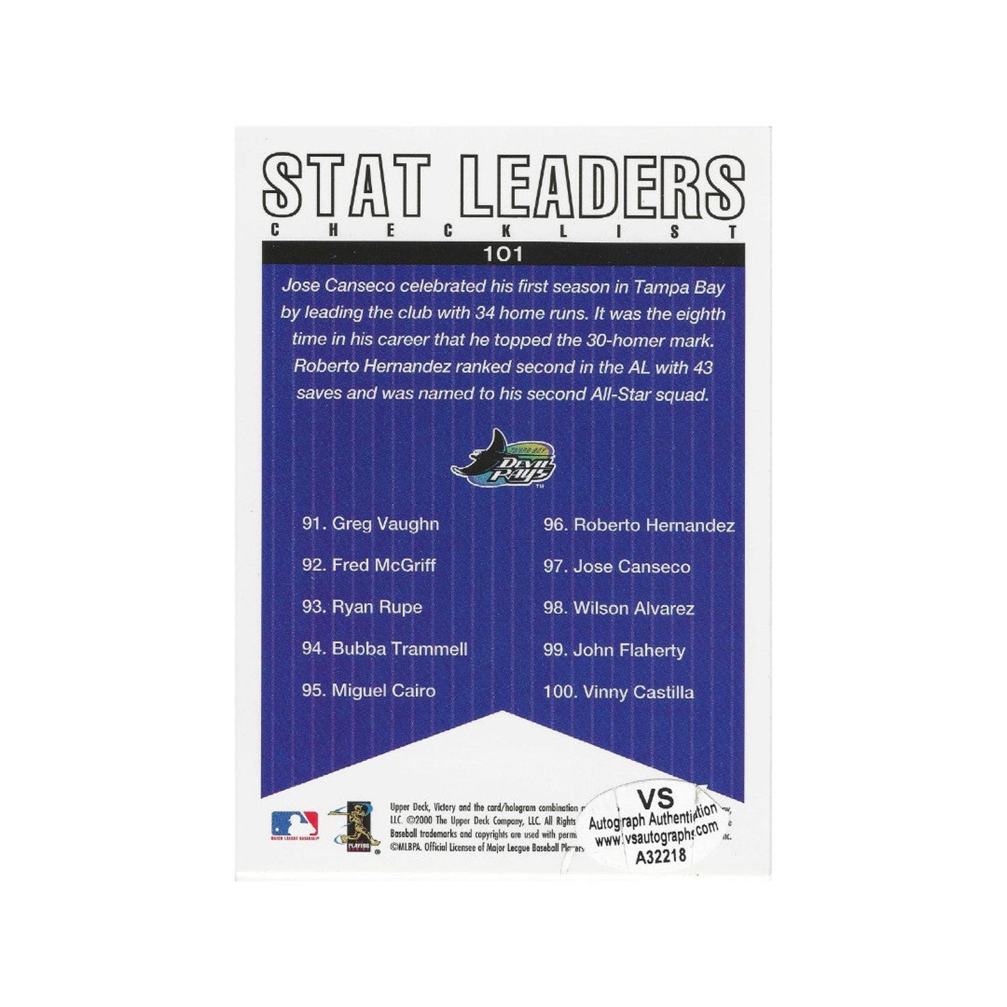 2000 UPPER DECK VICTORY JOSE CANSECO AUTOGRAPHED SIGNED CARD COA