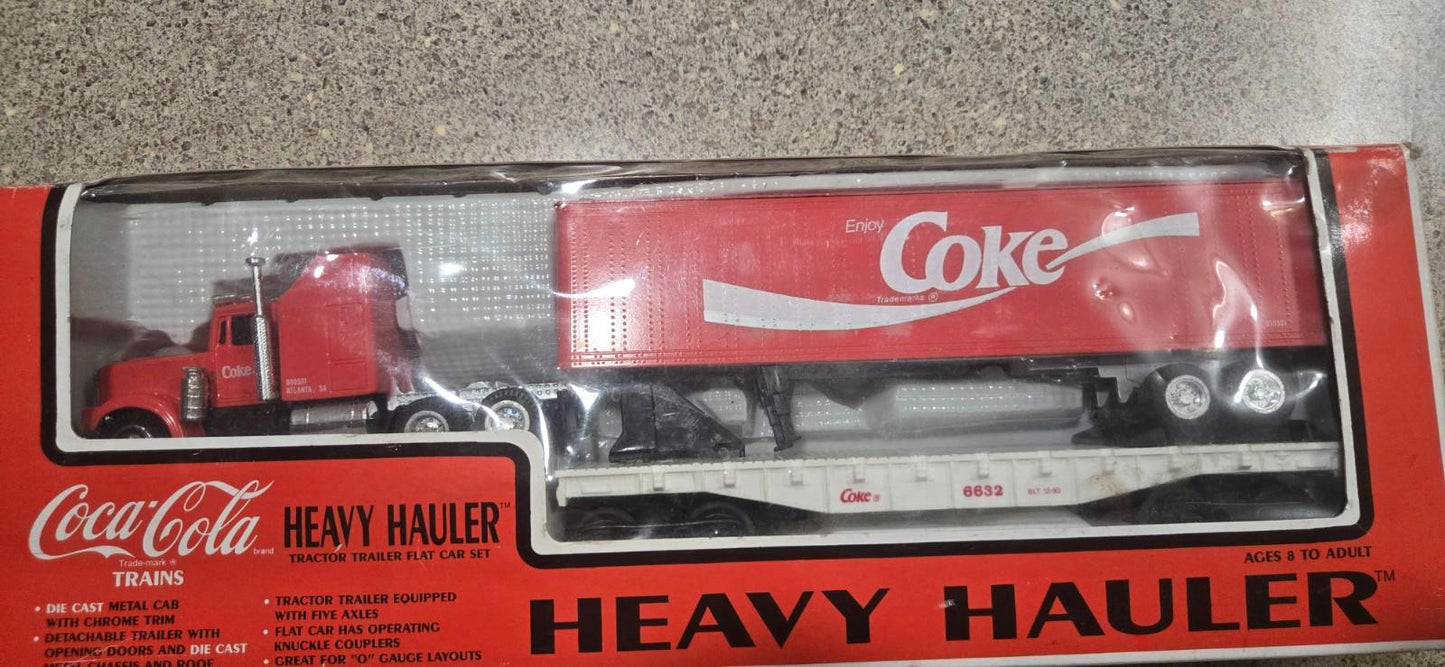 Coca Cola Heavy Hauler Tractor Trailer Flat Car Set Die Cast Metal 1990 15”