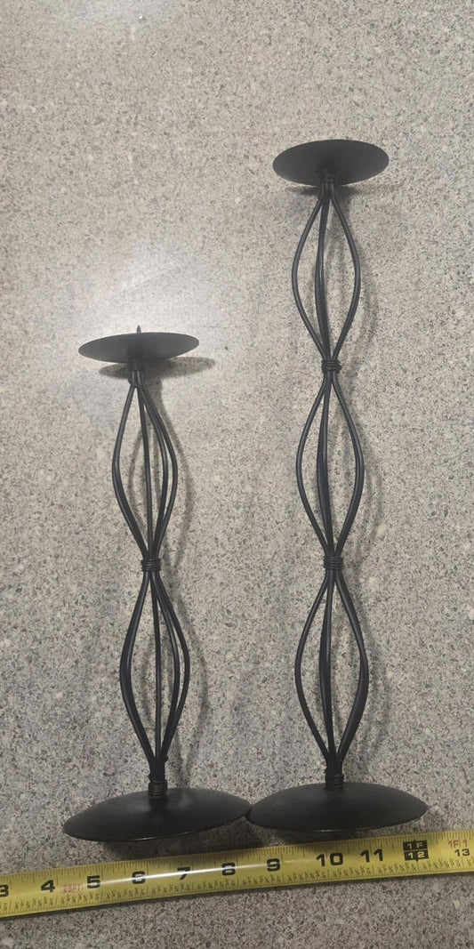 Set Of 2 Spiral Pillar Black Wire Candle Stick Holder 14.5" & 10"