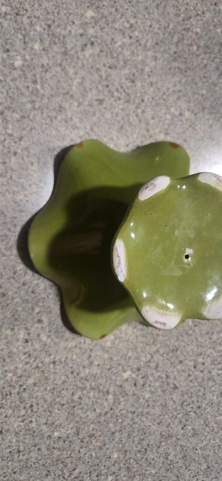 Vtg Mcm Green and Rust Orange Ceramic Ruffled Edge Pedastool Bowl