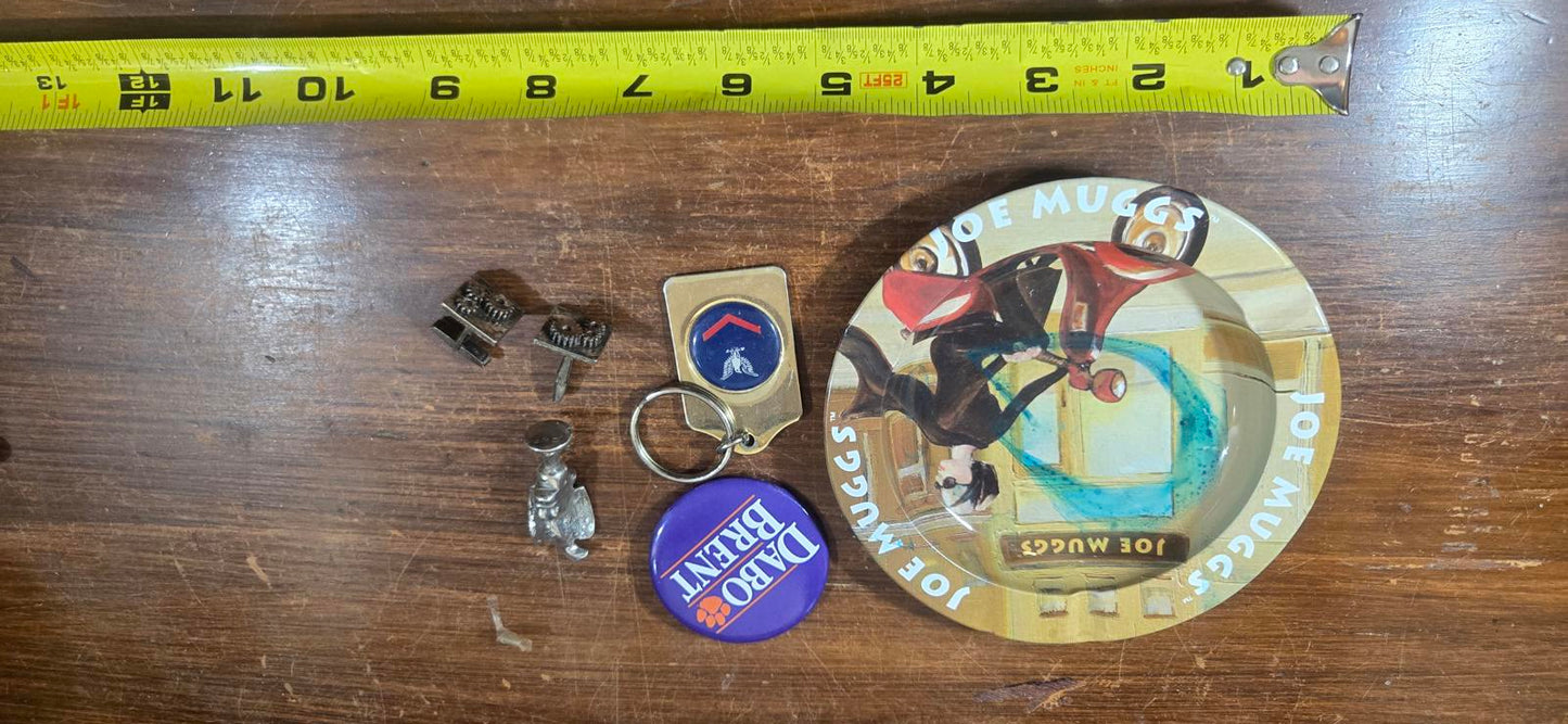 Vintage Mixed Collectible Pins, Keychains, Cuff Links, Ash Tray, Political.  Lot