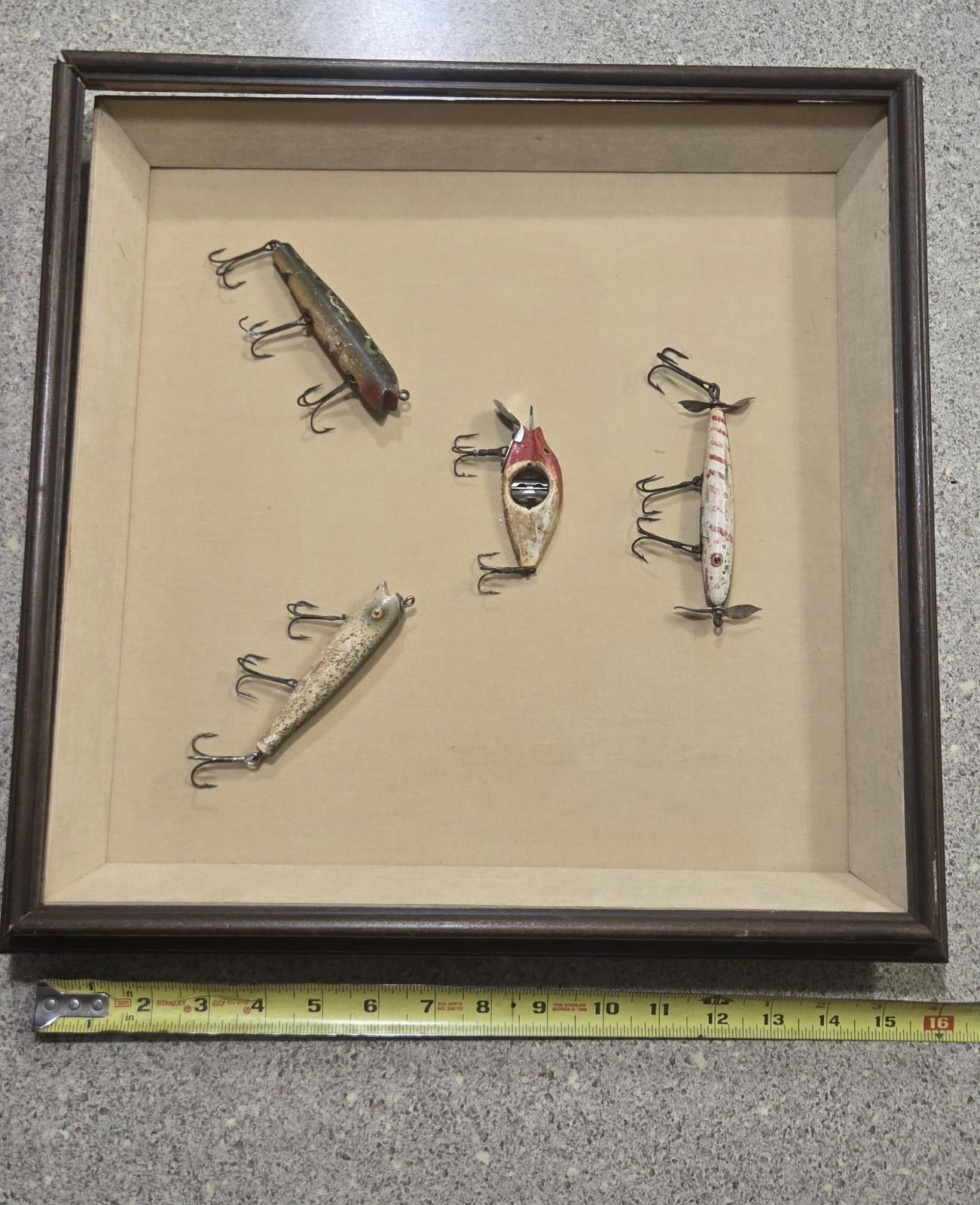Antique Framed Set Of 4 Wooden Fishing Lure Spinno Minno Chub Darter Gudebrod.