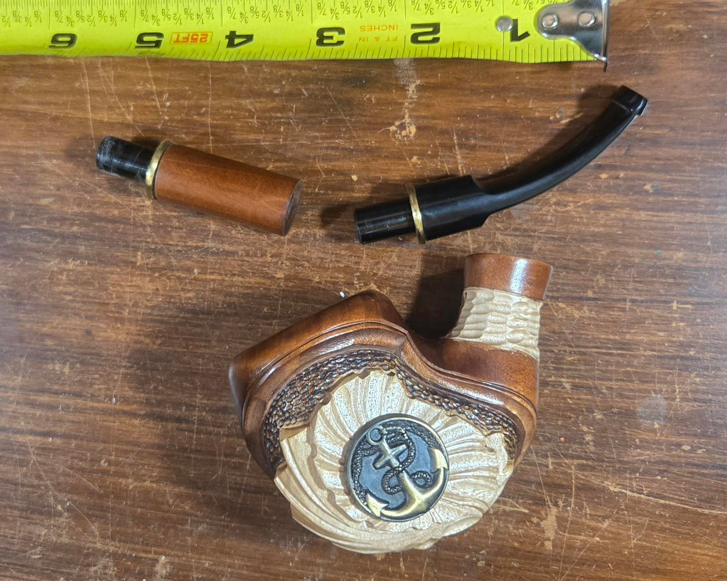 Hand-Carved Wooden Tobacco Pipe with Anchor Medallion