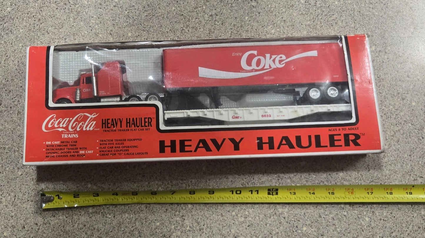 Coca Cola Heavy Hauler Tractor Trailer Flat Car Set Die Cast Metal 1990 15”