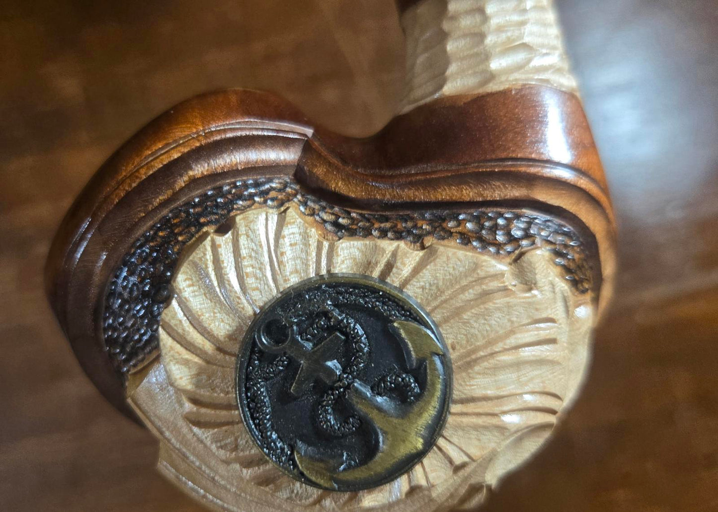 Hand-Carved Wooden Tobacco Pipe with Anchor Medallion