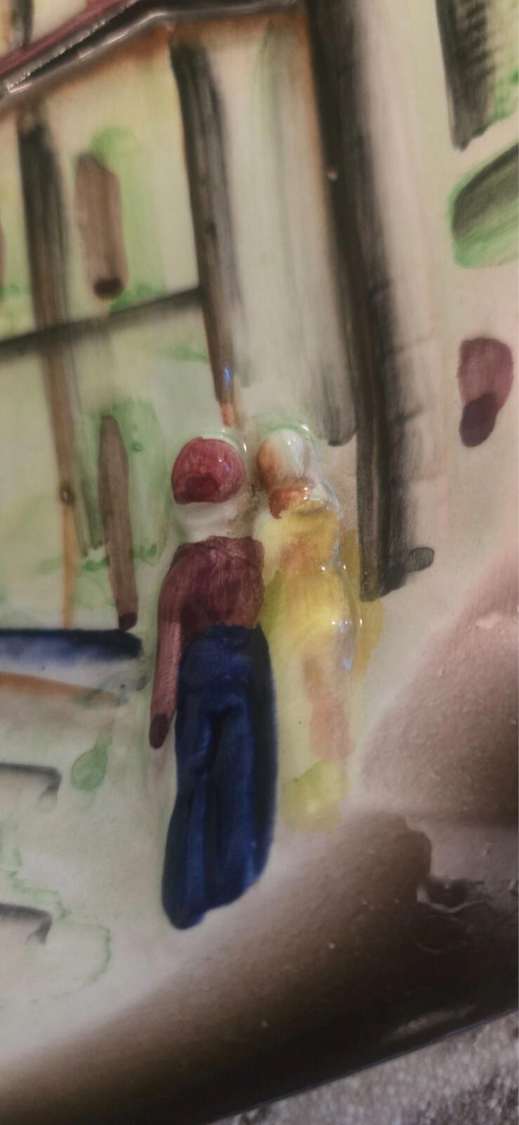 Vintage Wales Japan Hand Painted High Relief City Landscape Platter Ceramic Sticker Stamp Label