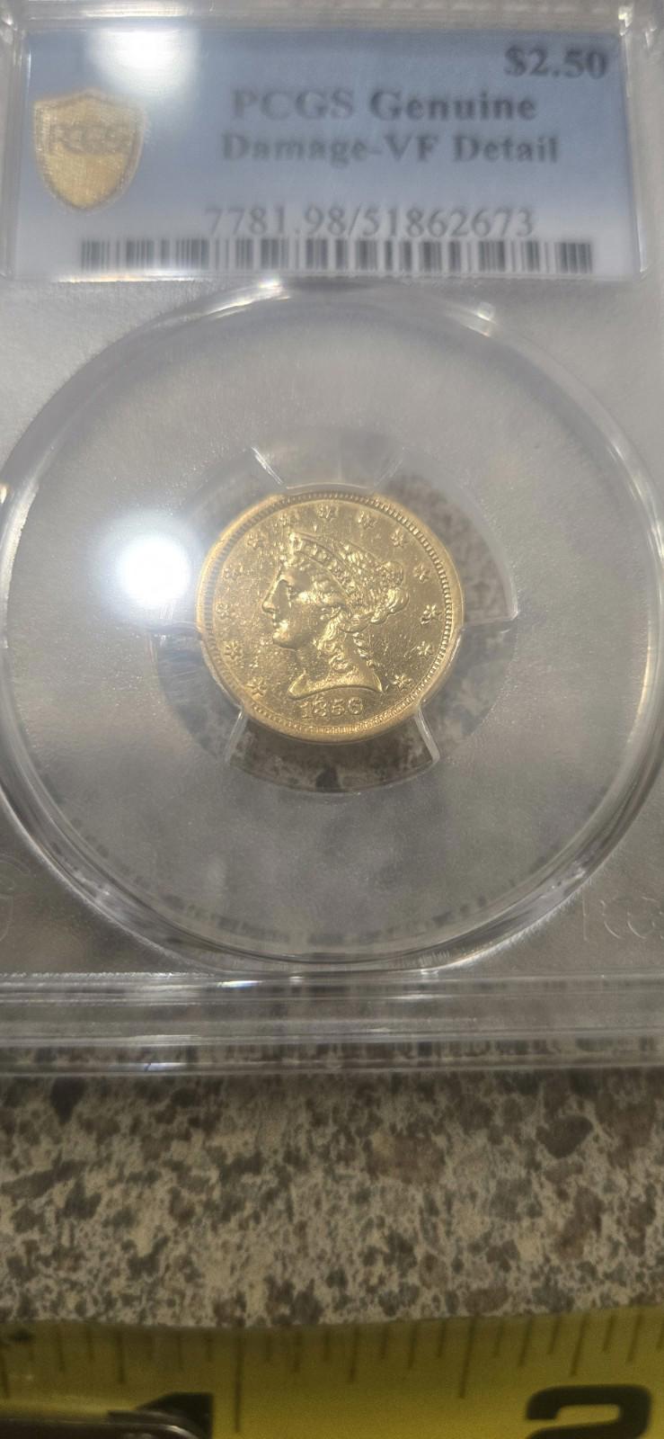 1856-s Liberty Head 2.50 PCGS Genuine Gold Coin Currency Bullion History Antique Authenticated Graded