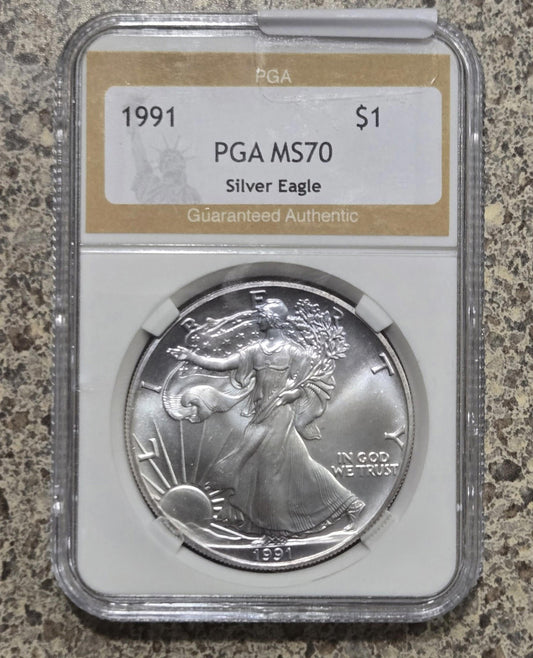 1991 American Silver Eagle $1 Gem Brilliant Pga 70 Certified Vintage Coin Bullio
