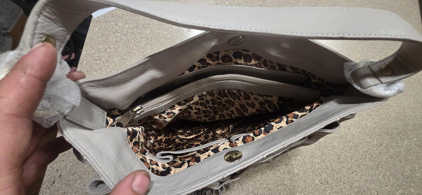 Grey Sharif Bag With Black Heart Wallet Leopard Print Fabric Inside